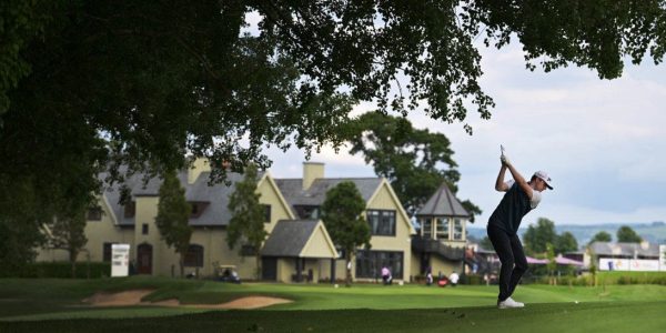 STRAFFAN, IRELAND - JULY 28: Hugh Foley (IRE) plays his second shot in to the 9th green on Day One of the Irish Challenge 2022 at The K Club on July 28, 2022 in Straffan, Ireland. (Photo by Charles McQuillan/Getty Images)